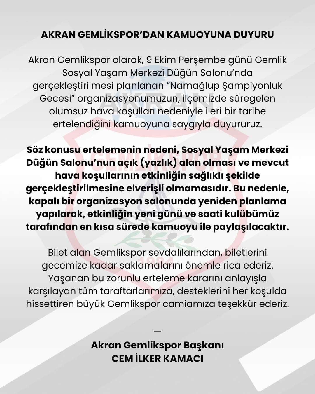 Akran Gemlikspor’un şampiyonluk gecesi ertelendi